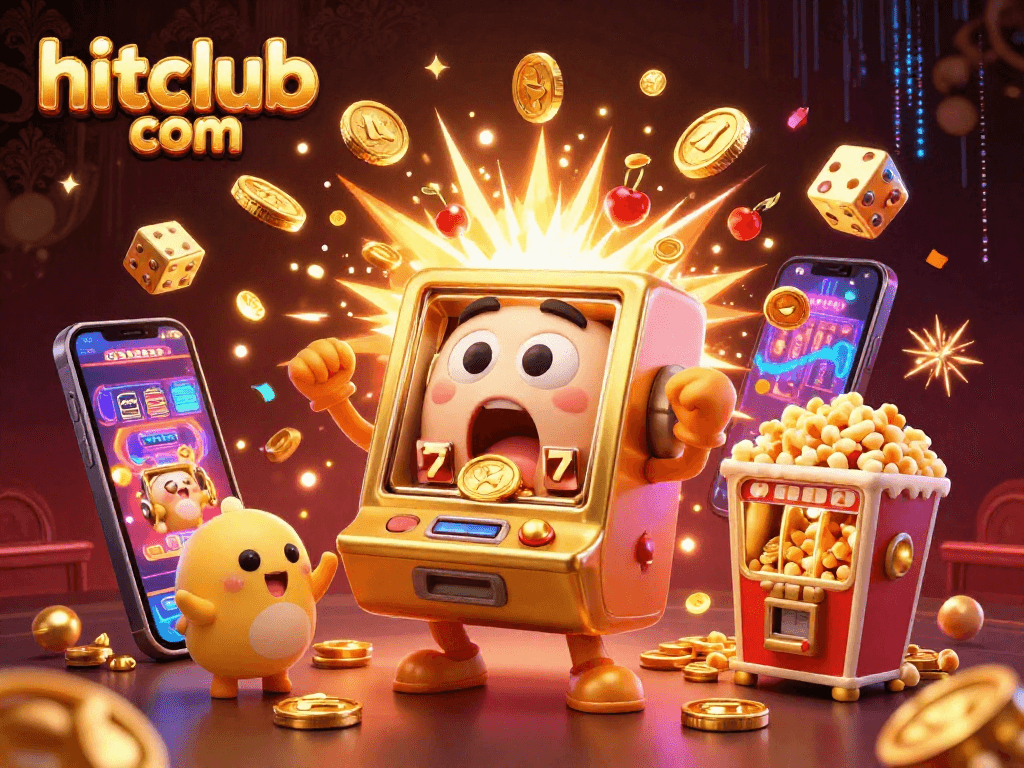 Experience the excitement of hitclub com with a golden slot machine hitting a jackpot amidst flying coins and cheers!