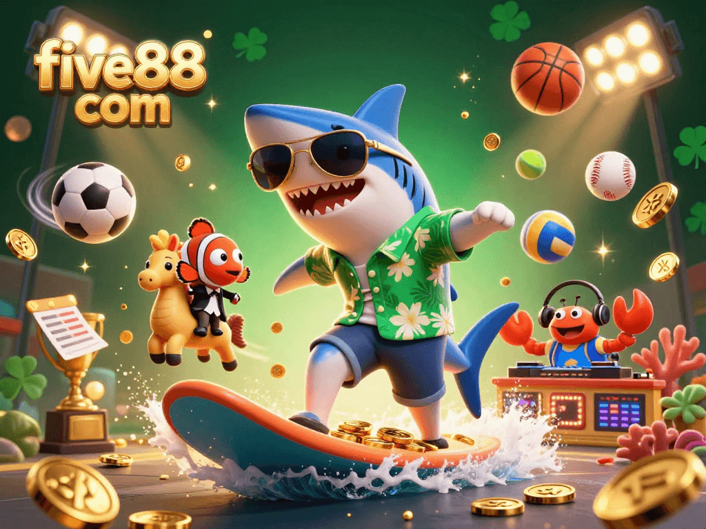Surf on gold coins at five88 com with a shark, clownfish, and crab DJ in a dynamic casino scene!