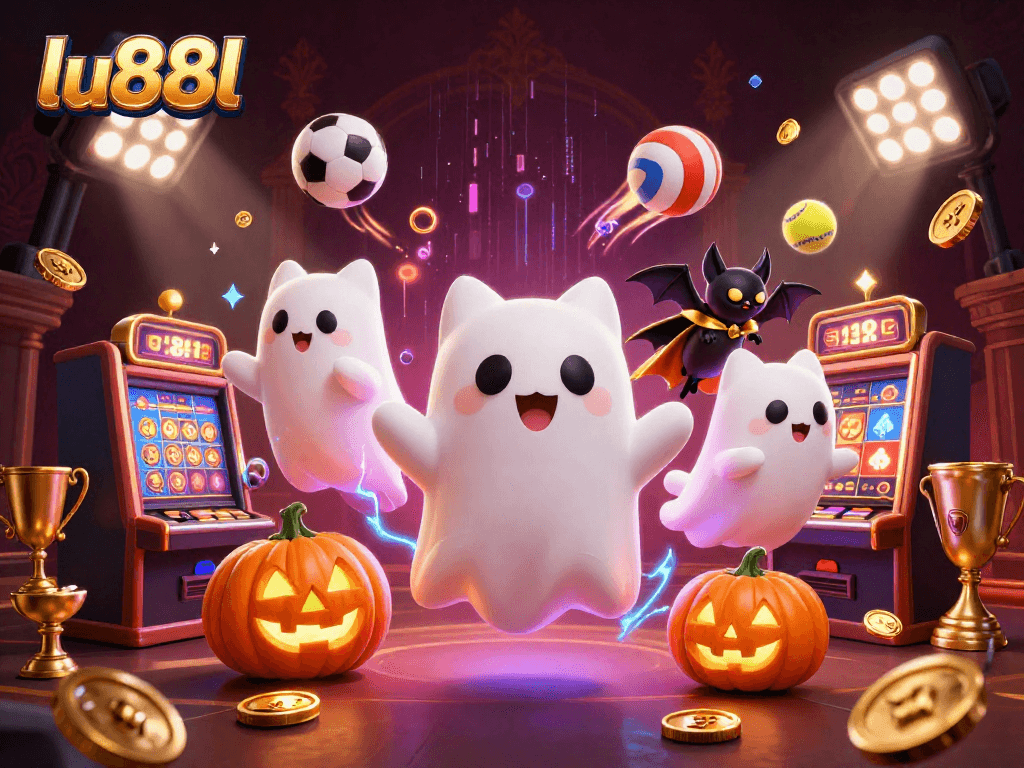 Engage with the lively atmosphere of lu88l's haunted casino featuring a ghost cat and sports elements.
