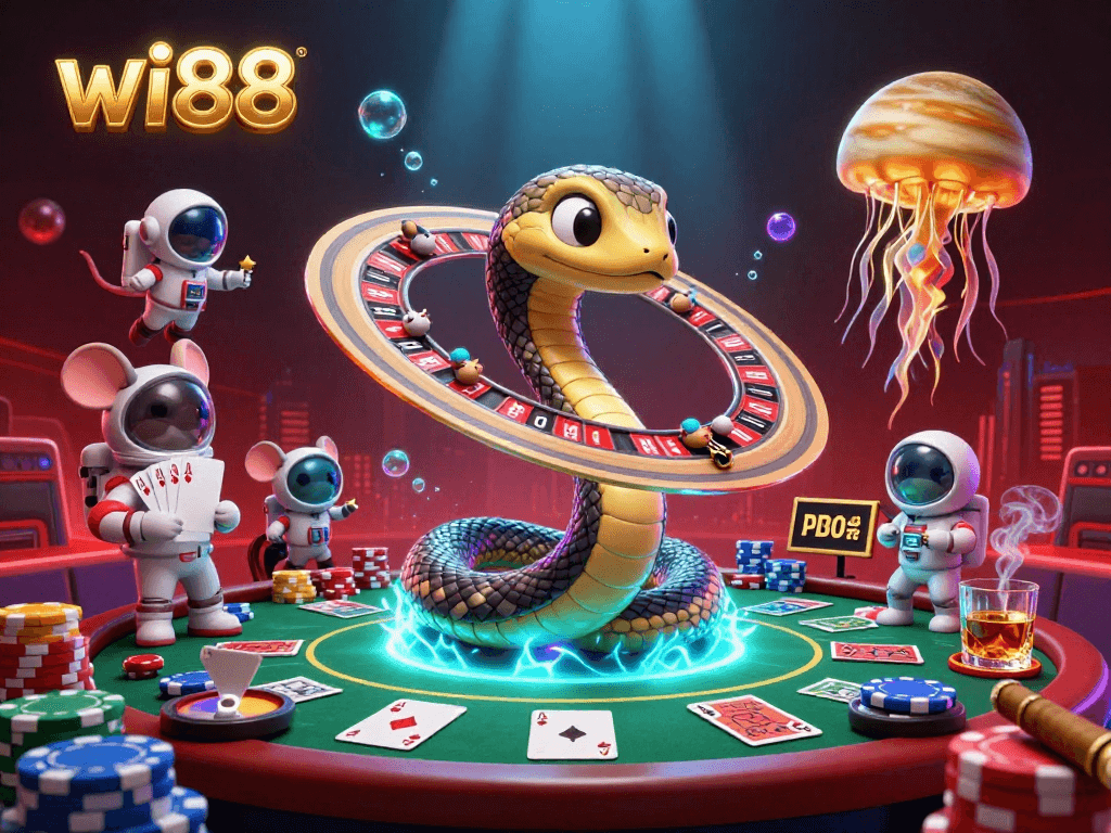 Experience thrilling live betting at wi88 with a vibrant 3D illustration showcasing cosmic casino elements.