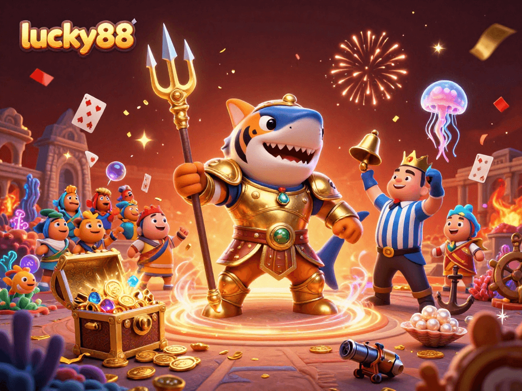 Experience thrilling underwater action with lucky88 as the tiger shark battles for treasure in a vibrant casino scene.