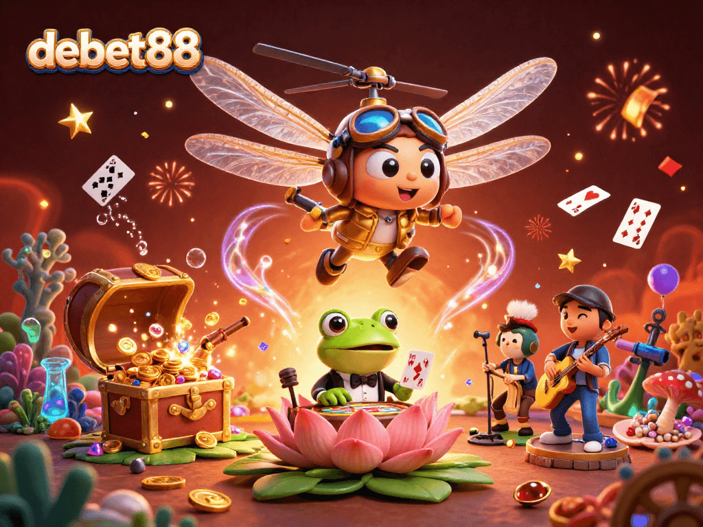 Fly high with debet88: Dragonfly pilot in a vibrant lily pad casino scene.