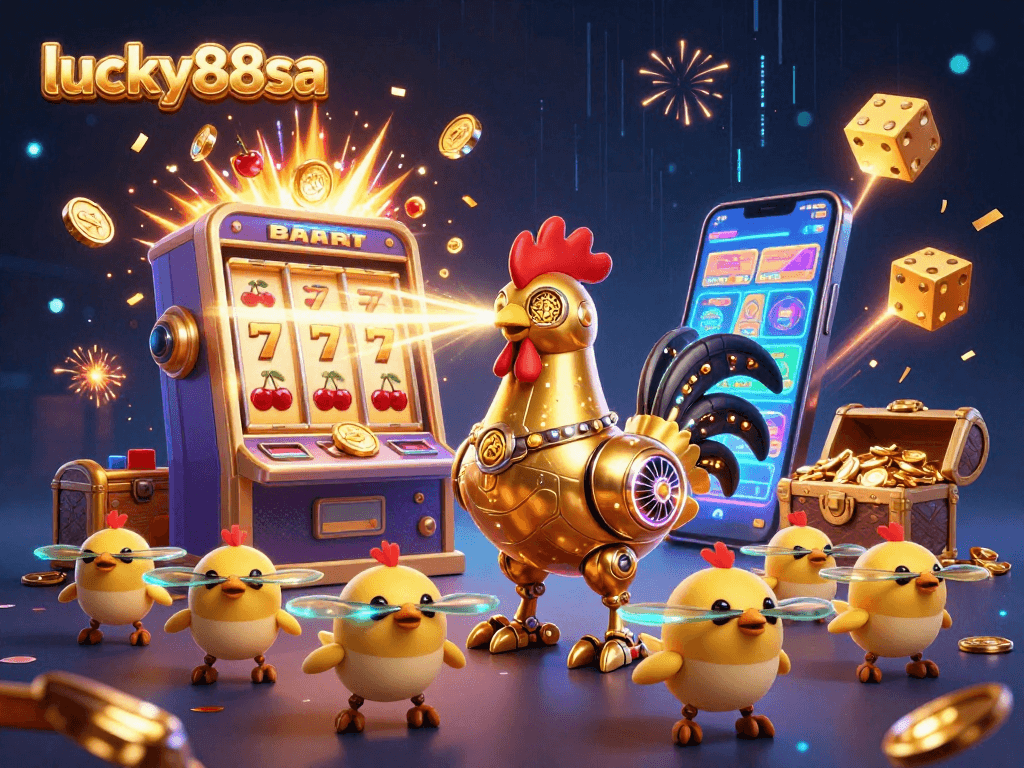 Engage with lucky88sa in this vibrant casino illustration showcasing a golden rooster robot and baby chick drones amidst a jackpot explosion.