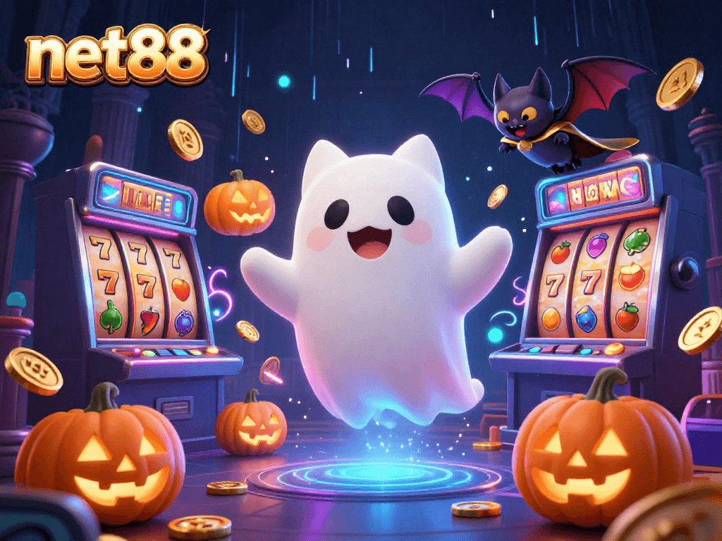 Experience net88 in a vibrant haunted casino scene with a ghost cat and casino elements.