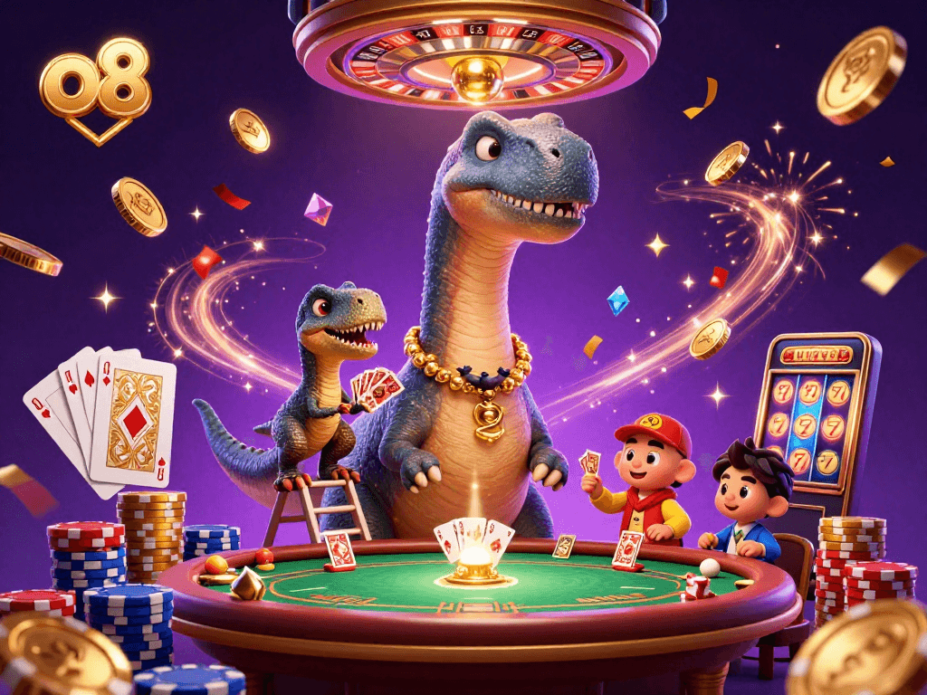 Engage in thrilling gaming at o8 with dynamic characters and vibrant casino elements showcasing excitement.