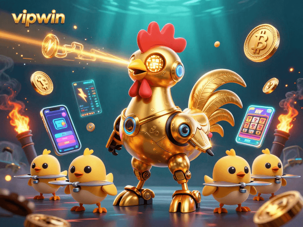 Experience the thrill of vipwin with vibrant casino elements surrounding a golden rooster robot.