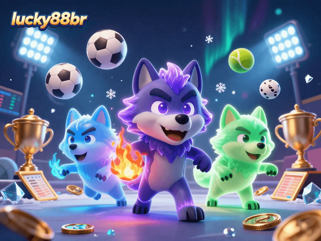 Action-packed scene featuring lucky88br with dynamic sports elements and ghostly wolves in a vibrant casino setup.