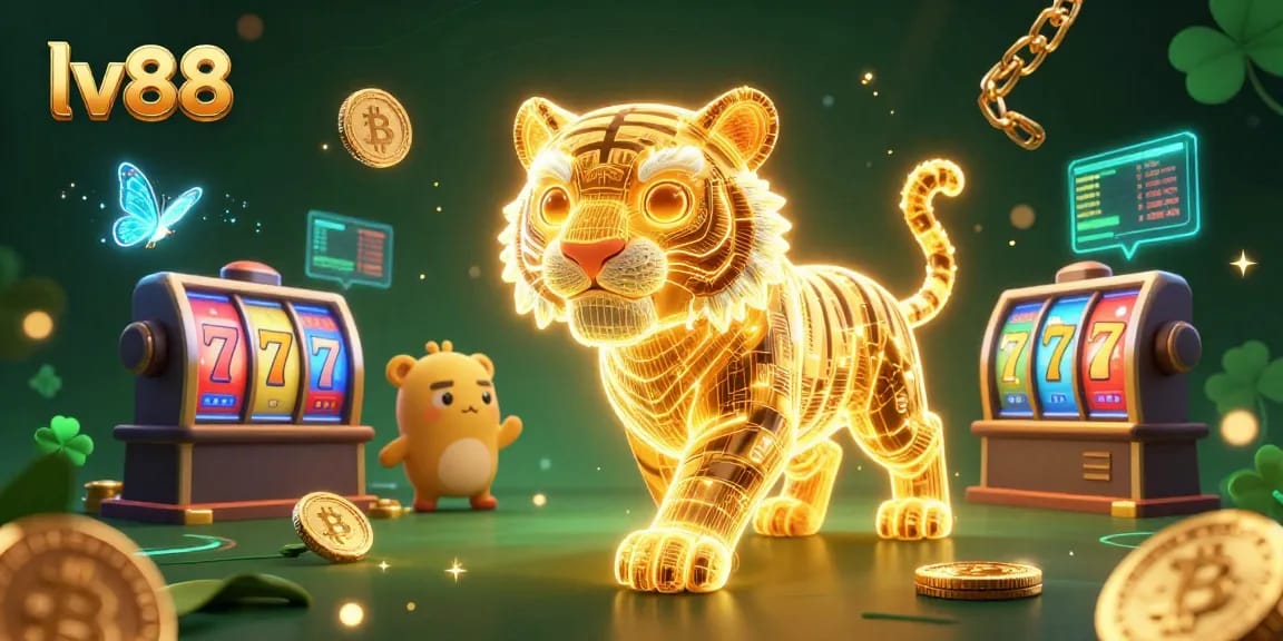 Spin to win at lv88 with a vibrant 3D casino featuring a golden tiger and crypto elements.