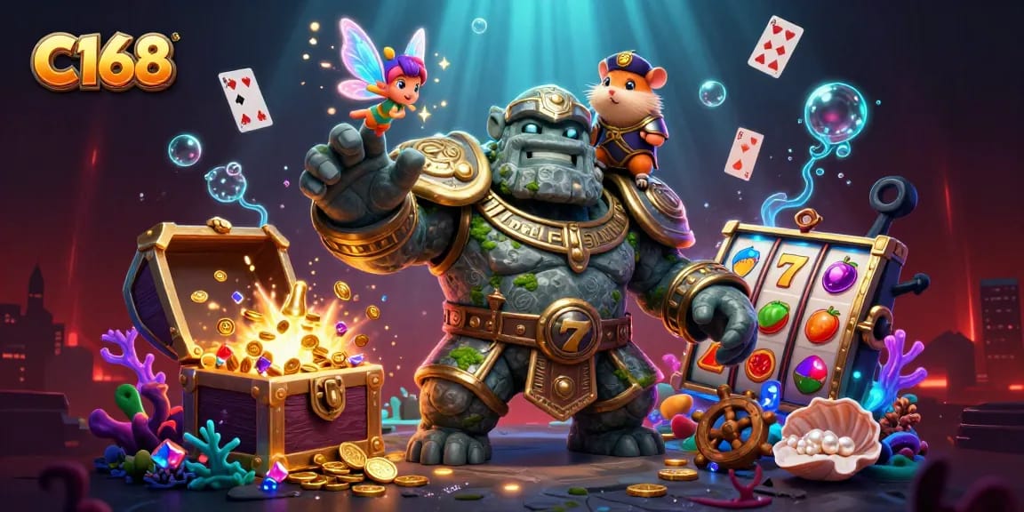 C168 players explore vibrant slots with magical guardians in a bustling casino scene.