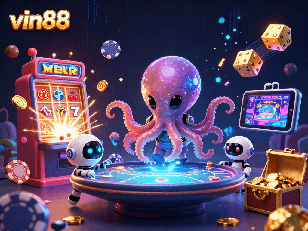 vin88 showcases an alien octopus at a holographic poker table, bursting with slot machine jackpots and casino excitement