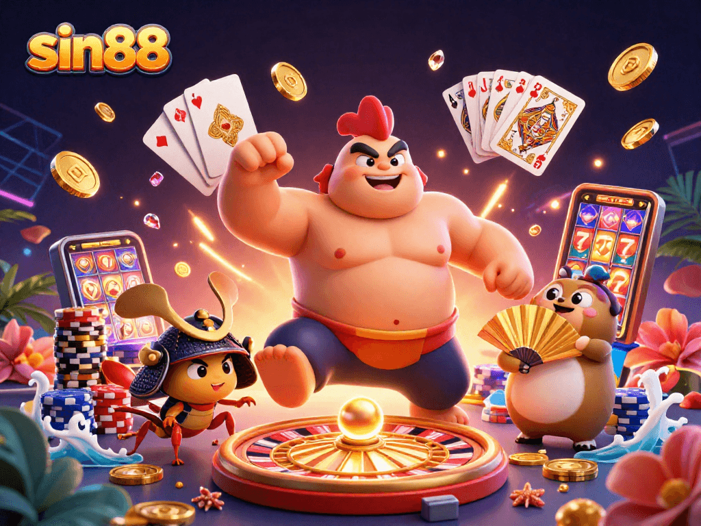 Engage with sin88 in this vibrant 3D casino scene showcasing dynamic gaming elements.