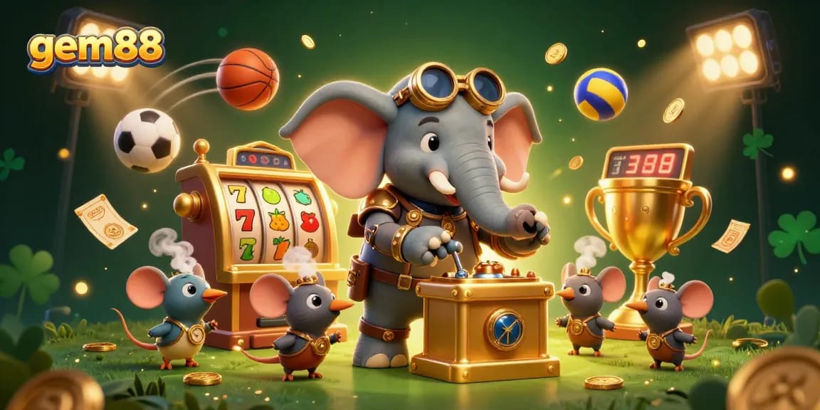 Experience gem88 action with a steampunk elephant operating a slot machine, dynamic sports elements, and gold coins.