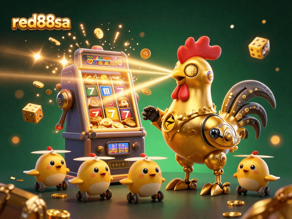 Engage with red88sa's vibrant casino scene featuring a golden rooster robot and dazzling jackpot.