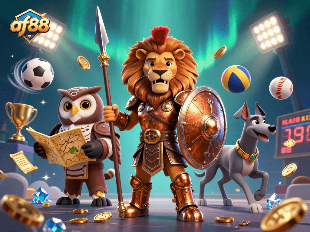 Experience thrilling gameplay with af88 in a lively 3D casino scene featuring dynamic characters and sports elements.