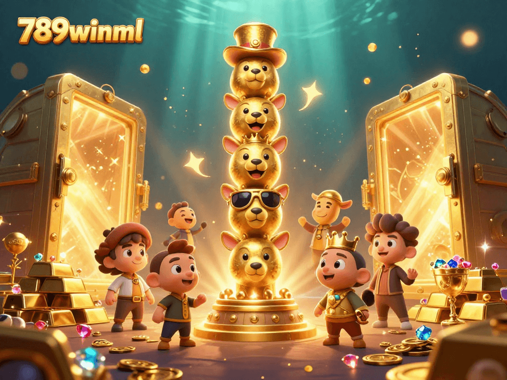 Spin the reels with 789winml amidst treasures, gems, and golden totems in a vivid casino scene.