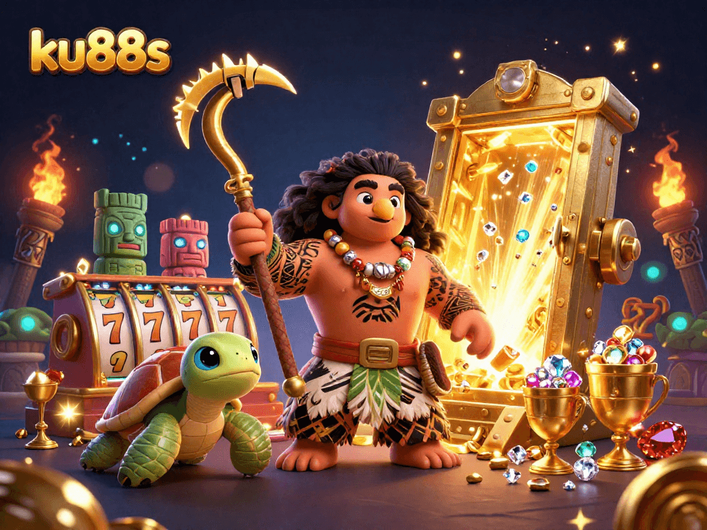 ku88s showcases an exciting casino adventure with vibrant characters, slot machines, and treasure