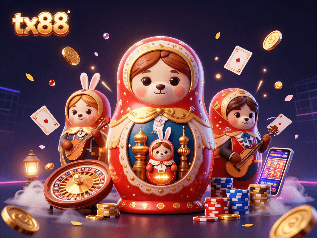Experience exciting gaming with tx88 featuring a vibrant casino scene of Matryoshka bears and dazzling games.