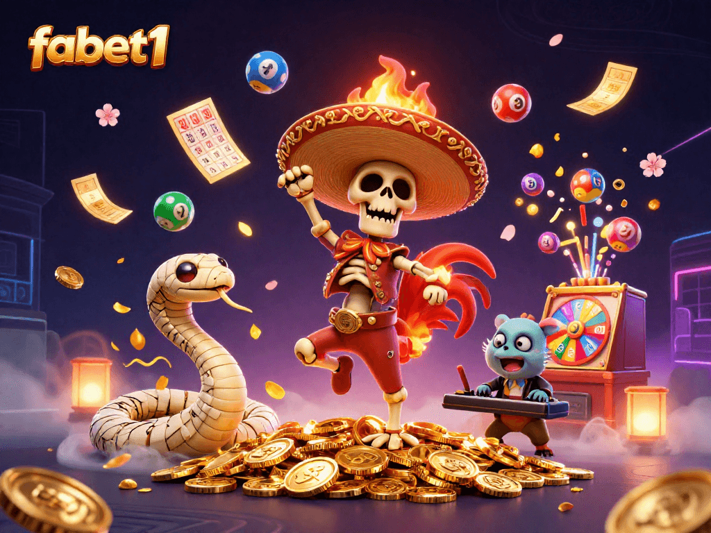 Join the fabet1 celebration with colorful lottery balls and golden prizes in this vibrant casino scene.