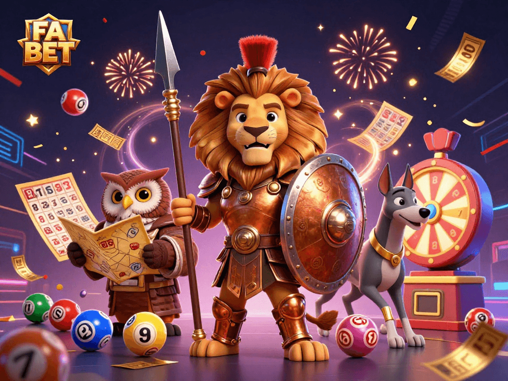 FA BET engaging in vibrant lottery gameplay with dynamic characters and exciting gaming elements.