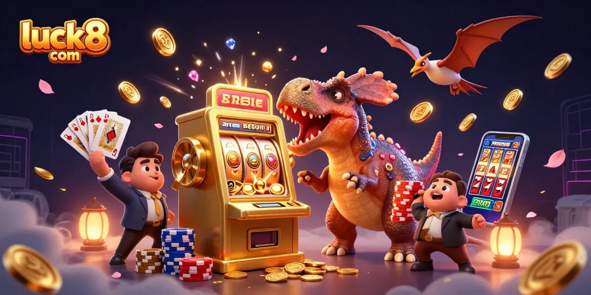 Catch jackpot coins with luck8 com while a dinosaur celebrates amidst a vibrant casino scene.