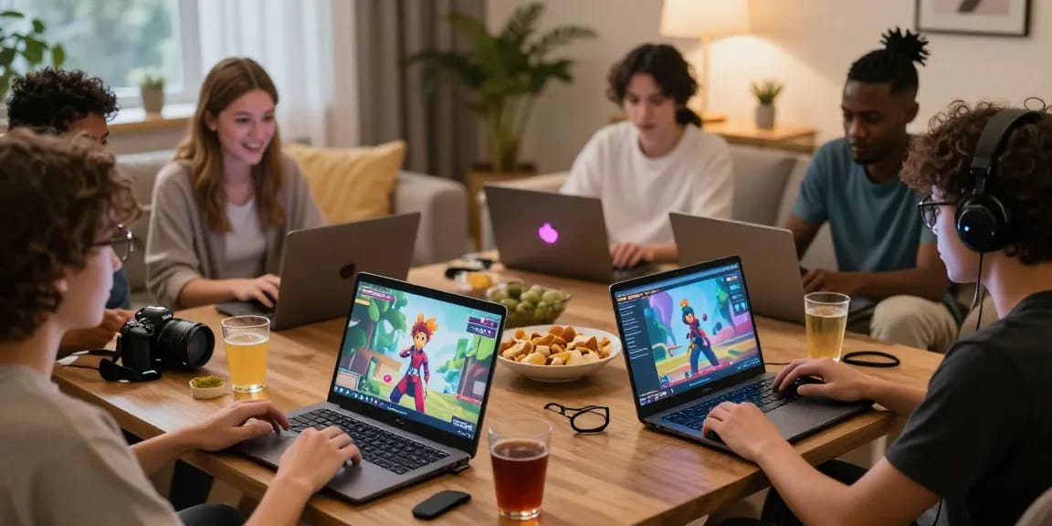 Friends enjoying porn games online together in a cozy living room setting.