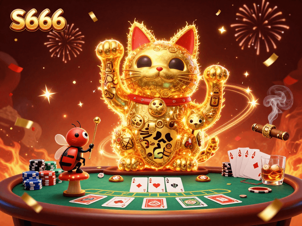 S666 showcases vibrant gambling energy with a lucky cat made of fireflies amidst poker chips.