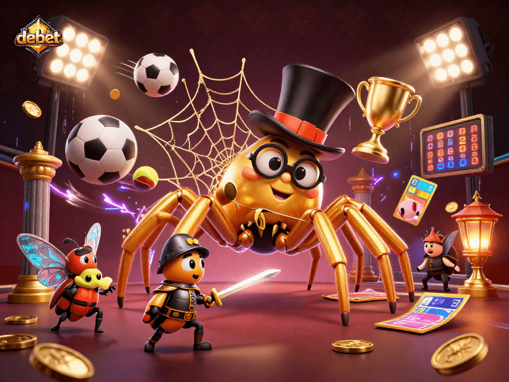 Engage in debet sports betting with a golden tarantula and knight amidst dynamic casino elements.