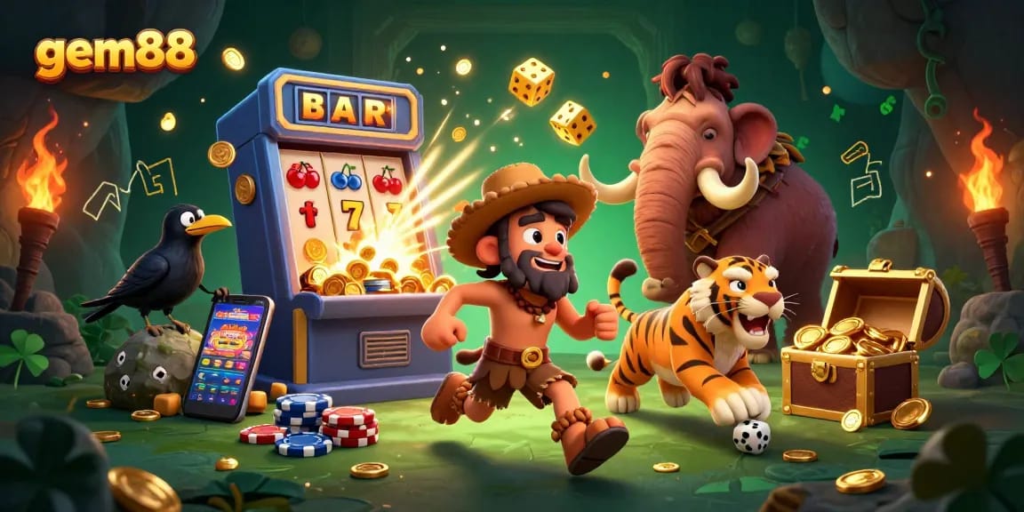 Gem88 earns a jackpot with 3D caveman and sabertooth casino, celebrating wins!