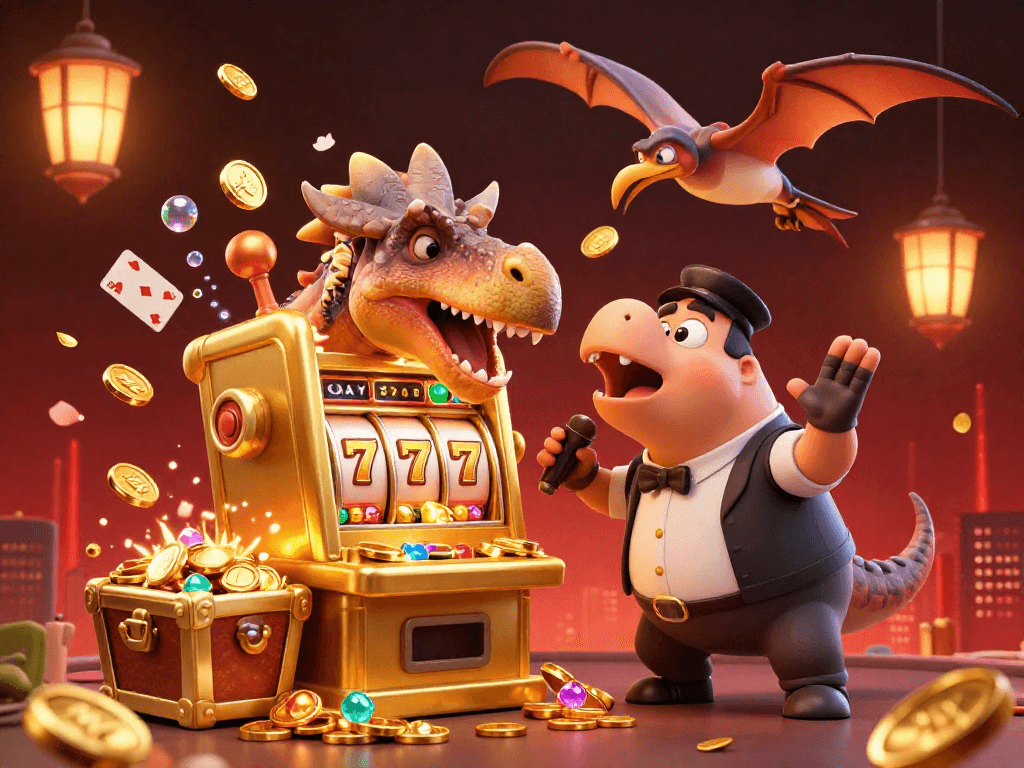 Experience a jackpot spectacle with O8 as a dinosaur wins on a golden slot machine!
