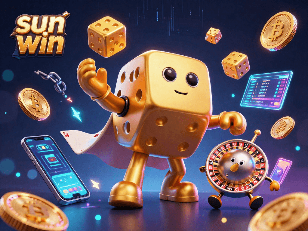 Spin and win with the sun win casino, featuring a playful golden dice golem and crypto coins.
