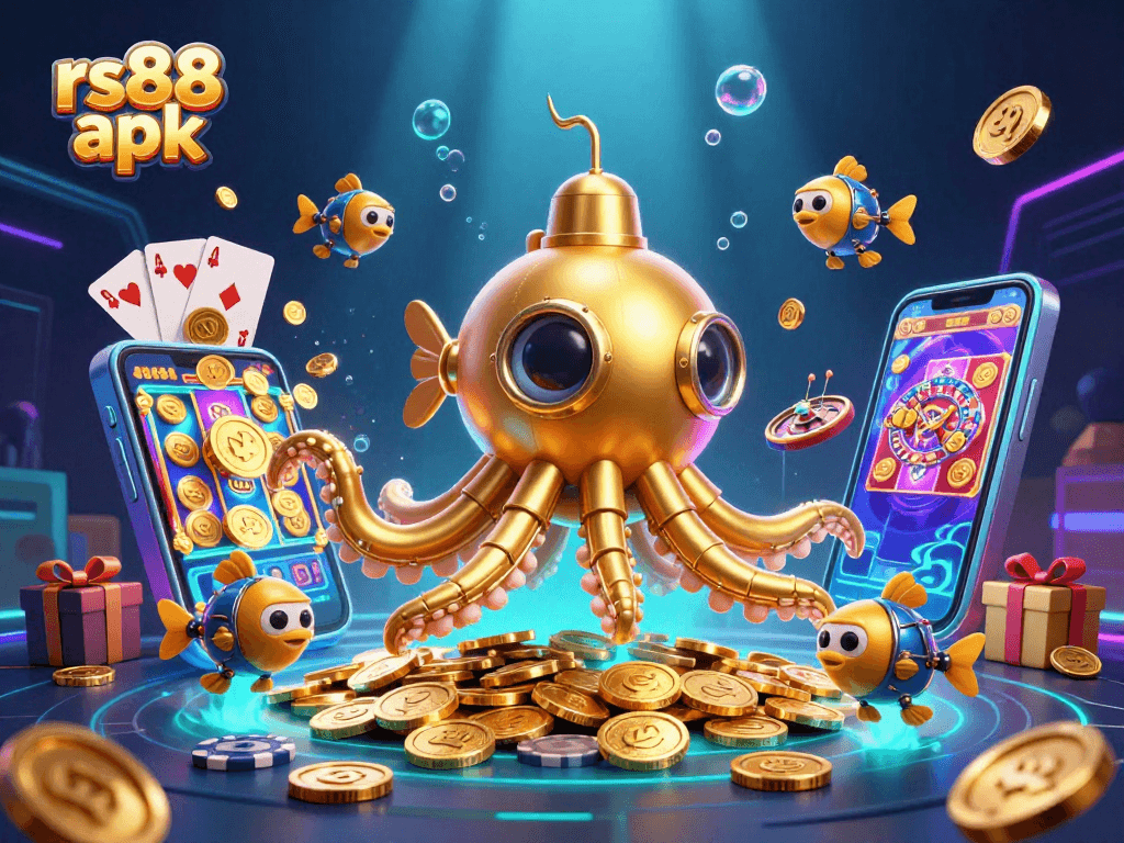 Experience the excitement of rs88 apk with a vibrant 3D illustration of a kraken submarine in a sea of coins.