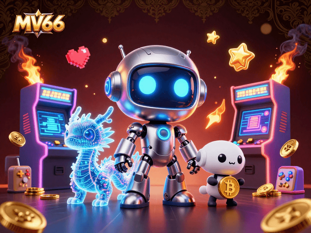 Engage with MV66 casino adventures featuring neon cyberpunk robots and game elements in a vibrant digital world.