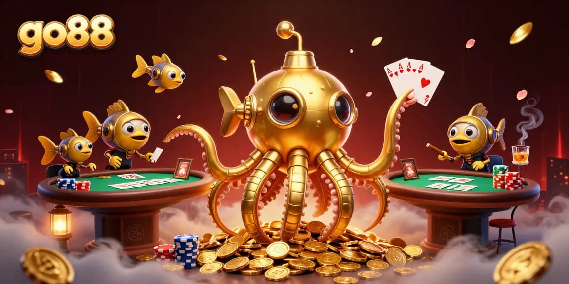 Engage with go88's thrilling poker scene featuring a golden kraken submarine and mechanical fish.