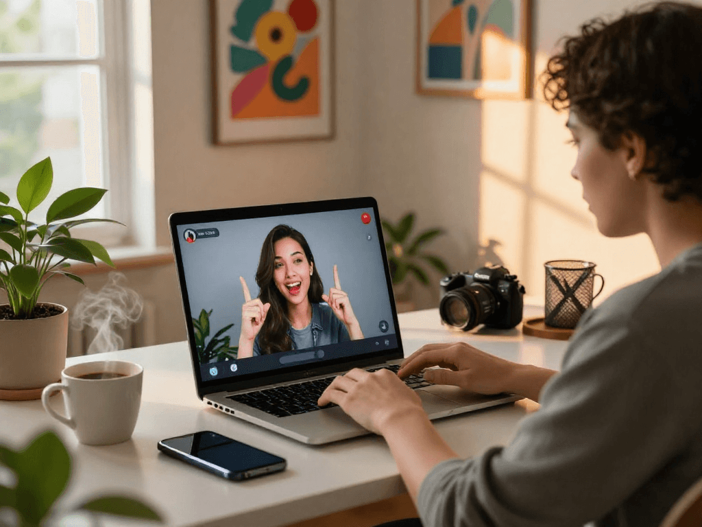 Porn chat AI interaction in a cozy workspace with a laptop, digital avatar, and ambient lighting.