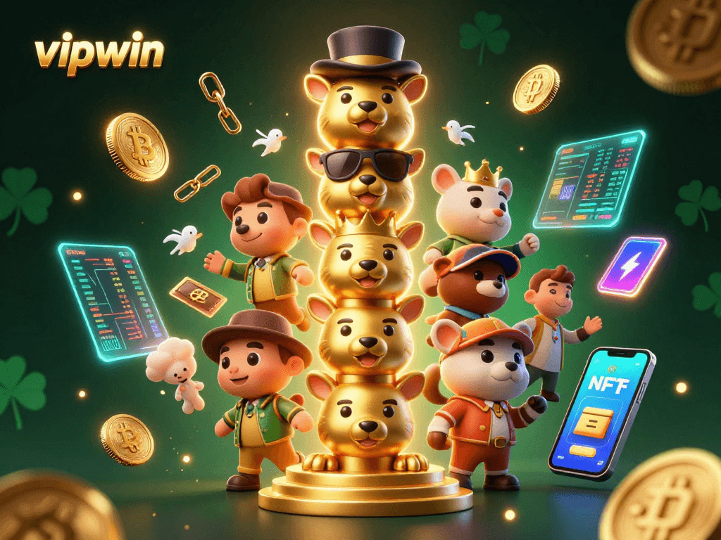Engage with vipwin's vibrant casino world through a dynamic illustration showcasing crypto gaming elements.