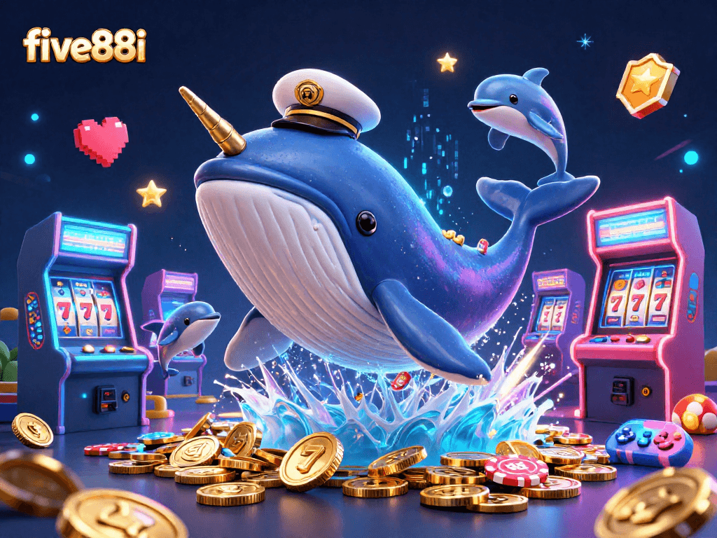 Experience five88i's vibrant casino adventure with a cartoon whale, narwhal, and playful dolphins.