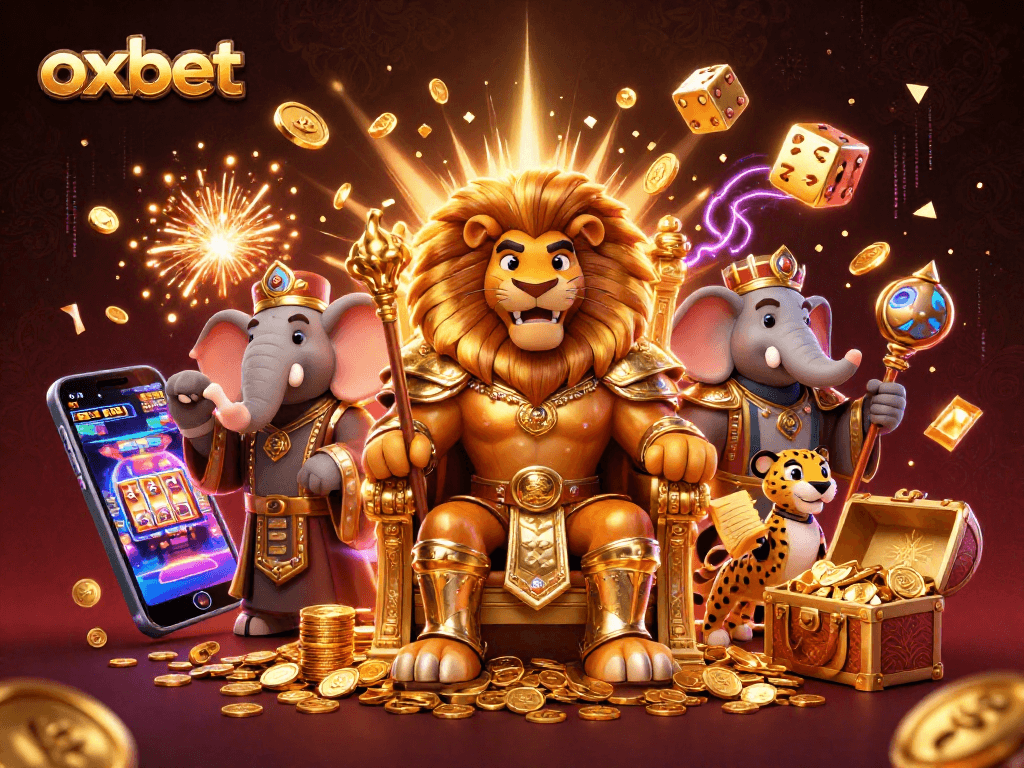 Experience the thrill of gaming at oxbet with a majestic lion king and vibrant casino elements!