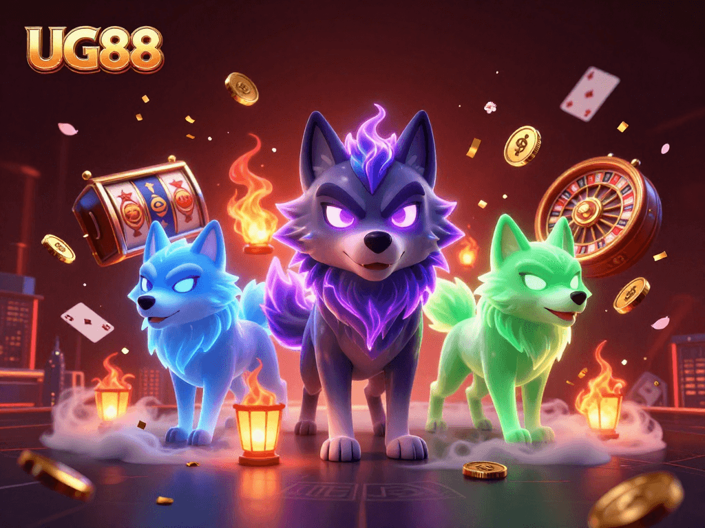 Engage in thrilling gameplay on UG88 featuring ghostly wolves, casino elements, and vibrant colors.
