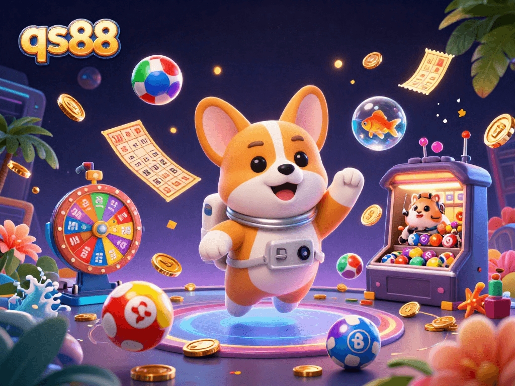 Spin winning lottery balls and gold coins with qs88 in a vibrant space casino scene.