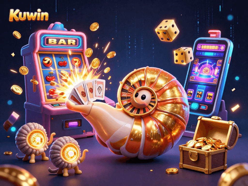 Kuwin's ancient nautilus character spinning a roulette wheel, surrounded by jackpot elements and vibrant casino games.