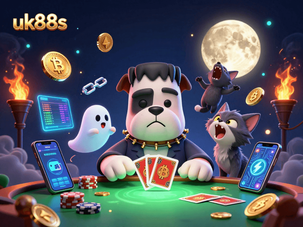 uk88s showcases a thrilling casino scene with a cartoon monster dealing cards at a spooky table.
