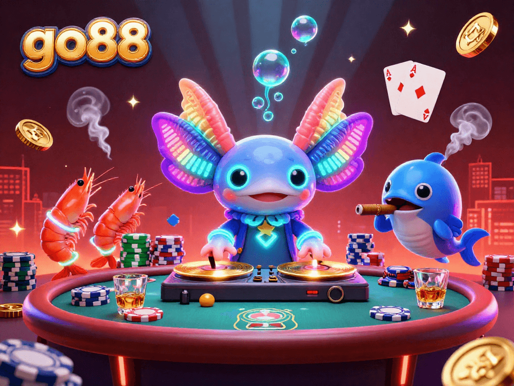 Join the vibrant underwater party at go88 with a neon axolotl DJ, poker chips, and lively casino elements.