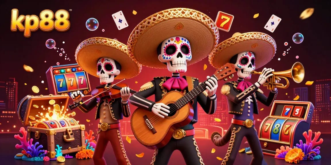 Engage with kp88's vibrant scene featuring a mariachi band among casino elements, celebrating the thrill of online betting.