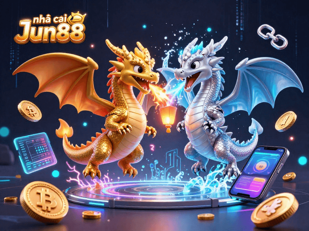 Engage with nhà cái Jun88 as twin dragons unleash fire and ice in a vivid casino scene.