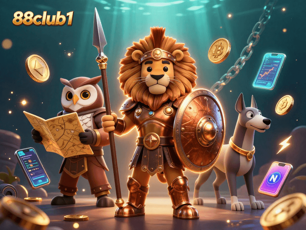 Immerse in 88club1's vibrant online casino world, where a Spartan lion stands valiantly amid dazzling crypto elements.