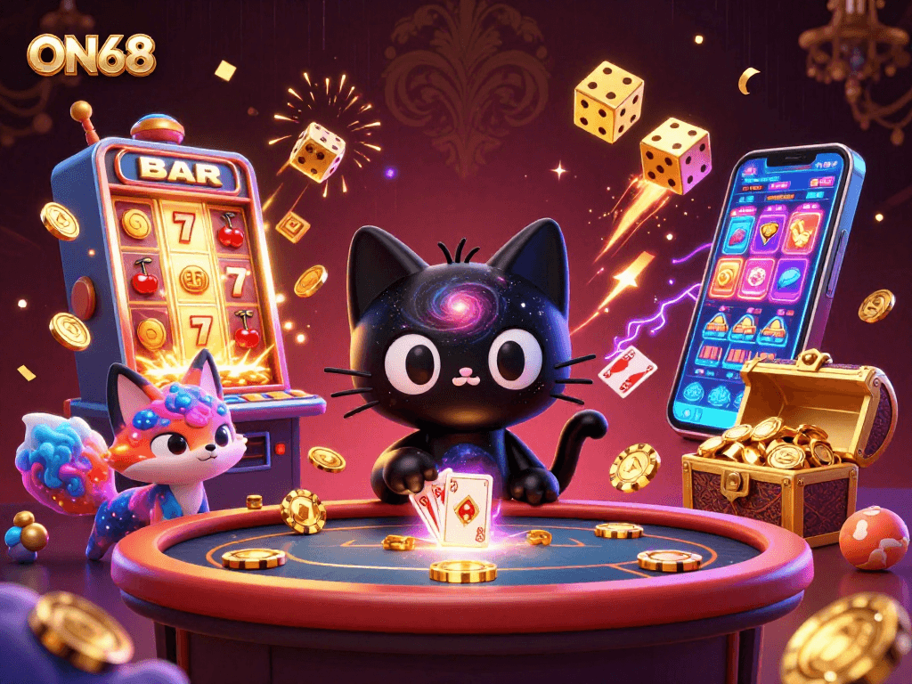 Experience ON68's thrilling jackpot action with a cosmic black hole cat and vivid game elements.