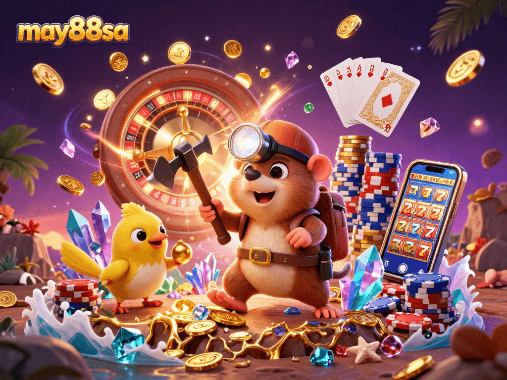 Engage with may88sa as a treasure hunter mole uncovers gems and casino riches in a vibrant 3D scene.