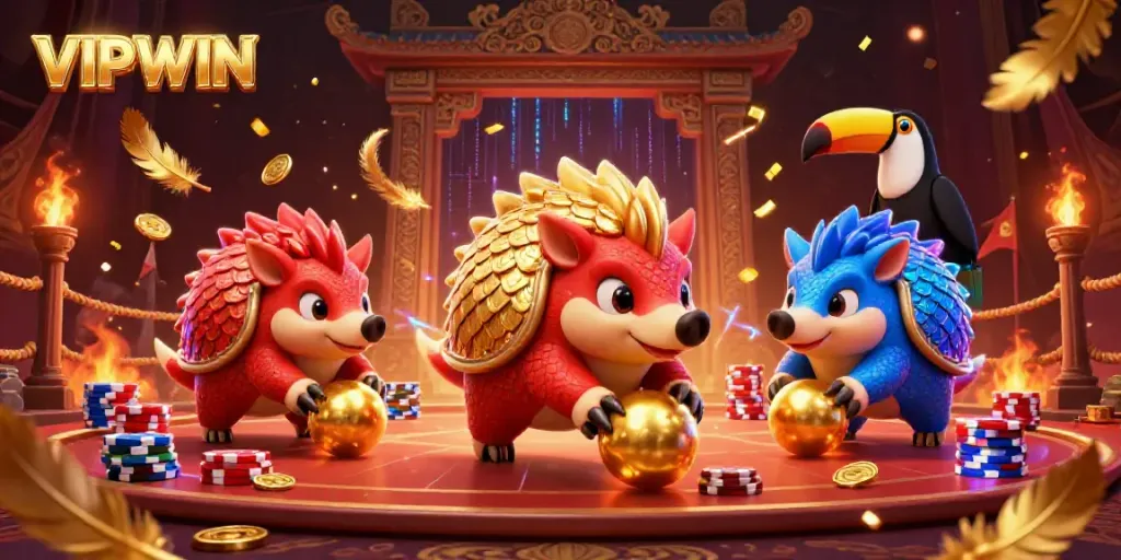 Watch VIPWIN pangolins duel through poker chips in a vibrant 3D casino scene.
