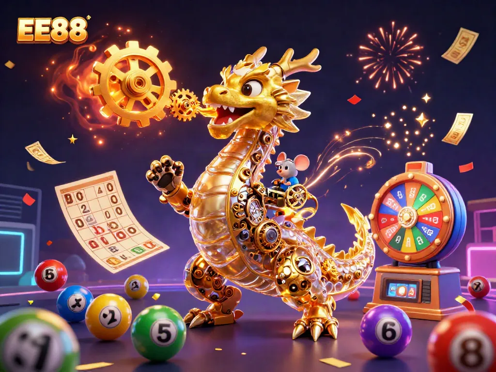 Experience the excitement of EE88 with a captivating scene featuring a golden dragon and gaming elements.