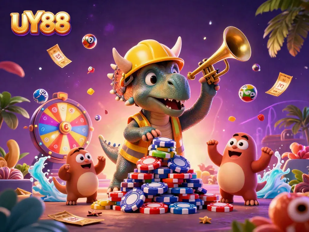 Engage in thrilling gameplay at UY88 while enhanced by a vibrant 3D illustration of cartoon dinosaurs.